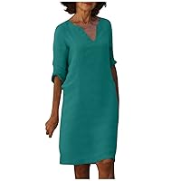 Working Mini Spring Tunic Dress Womans Short Sleeve Classic Slim Print Dresses for Women Cotton Cosy V Neck Blue S