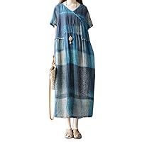 Summer Women's Patchwork Plaid Cotton Linen Skirt V-Neck Short Sleeved Loose Casual Dress with Pockets