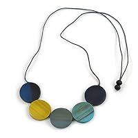 Avalaya Blue/Yellow/Grey Wood Coin Bead Grey Cotton Cord Necklace - 94cm L (Max Length) Adjustable