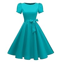 Women's Boatneck Vintage 1950s Cocktail Party Dress with Puff Sleeves
