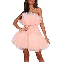 joysale Womens Off Shoulder Top Wedding Dress Pleated Mesh Party Mini Dresses Solid Color A-Line Swing Dress