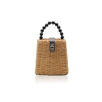 Fashion Women Hand-Woven Wicker Shoulder Bag with Removable Leather Shoulder Strap Summer Beach Straw Crossbody Bag Beaded Handle Tote Bag