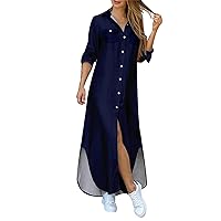 Women's Lapel Buttons Dress Midi Length Sexy Slit Shirt Dresses Long Sleeve Midi Summer Sundresses