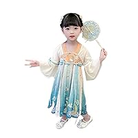 Girls' Chinese Style Short-Sleeved Print Hanfu Skirts,Summer New Ancient Style Little Girls' Performance Clothes.