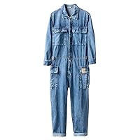Men' Long Sleeve Pockets Cargo Denim Jumpsuits Casual working Coveralls Overalls Jeans Set Gray Blue