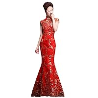 China Red Wedding Qipao Women High End Chinese Evening Dress Traditional Clothes Long Fish Tail Cheongsam