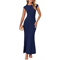 MEROKEETY Women's Cap Sleeve Rib Knit Maxi Dress Crew Neck Slim Fit Bodycon Summer Sweater Dresses