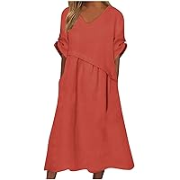 Women's Half Sleeve Cotton Linen Midi Dress Fashion Inclined Patchwork Casual Loose Solid A-Line Dress with Pockets