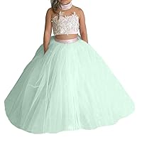 VeraQueen Girl's Two Pieces Ball Gown Flower Girl Dresses Pageant Gowns Lace Appliqued Tulle First Communion Dress