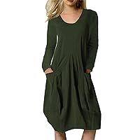 Sage Green Bridesmaid Dress,Women Casual Solid Dress Round Neck Pocket Long Sleeve Loose Long Dress Womens Lace