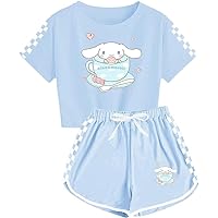2024 New boys and girls cartoon t-shirt and shorts prints for indoor/outdoor/traveling (blue,Large)