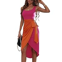 Womens Casual Sleeveless Contrast Color Wrapped Hem Midi Dress High Waisted Dresses for Women