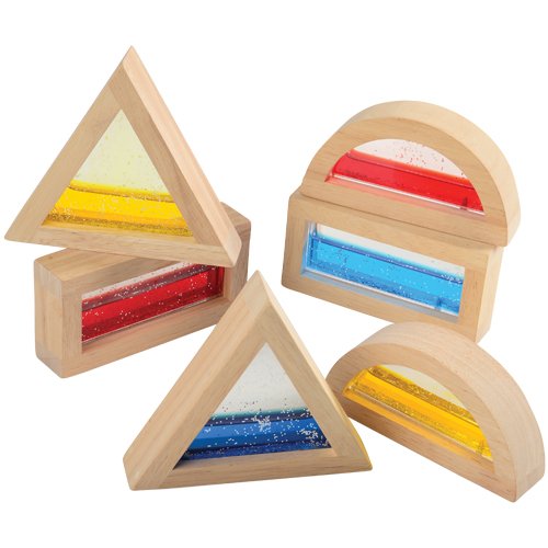 Constructive Playthings Glitter Water Building Blocks, Includes Rectangle, Triangle and Circle Shapes, Hardwood Frame, Toddler Toys for Interactive Play, Set of 6 Blocks, Ages 3 Years & Up