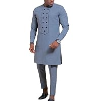 Pant Sets Long-Sleeve Round Neck Button and Track Pants 2-Piece Set African Men's Ethnic Style Suit