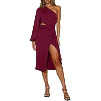 AlvaQ Women's 2024 One Shoulder Midi Dress Puff Long Sleeve Cutout Split Ruched Bodycon Wrap Party Cocktail Dresses