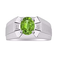 Rylos Men's Sterling Silver Ring – Classic Designer Style with 9x7MM Oval Gemstone & Diamonds, Birthstone Rings in Sizes 8-13
