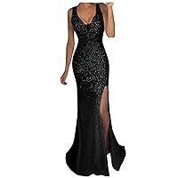 Maxi Dresses for Women 2024 Wedding Guest with Sleeves, Women Sequin Dress Solid Prom Party Gown Dress Sexy Go