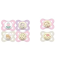 MAM Pacifiers 0-6 Months 4-Pack with Glow-in-Dark + 2-Pack Self-Sterilizing Case and Night Pacifiers for Baby Girl