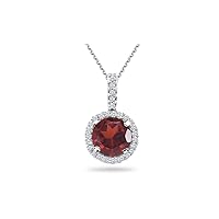 January Birthstone - Diamond Accented Garnet Solitaire Pendant AAA Round Shape in 14K White Gold Available from 5mm - 9mm