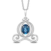 Oval Cut Created Blue Topaz & 0.10 Ct Diamond Cinderella Carriage Pendnat Necklace 14K White Gold Over