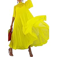 Women's Two Piece Sets Maxi Dress Casual Short Sleeve Crewneck Gauze Flowy Dresses Summer Swing Ruffle Solid Color