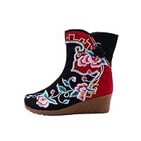 Women and Ladies Peacock Embroidery Mid-calf Boots Square Heel Short Boot Shoes