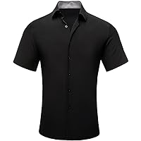 Hi-Tie Short Sleeve Silver and Black Mens Dress Shirt Slim Fit 4-Way Stretch Wrinkle Free Button Down Shirts Prom Casual Party(X-Large)