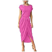 Women's Summer Dresses Short Sleeve Crewneck Swing Dress Elastic Waist Slim Split Maxi Beach Dress Casual, XS-3XL
