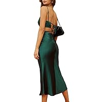 Women's Fall Satin Backless Maxi Dress Silk Cut Out V Neck Slip Tie Back Formal Cocktail Midi Dresses for Wedding Guest