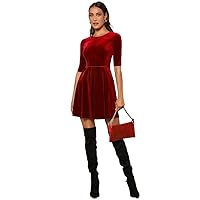 Womens Fall Fashion 2022 Solid Velvet Fit and Flare Dress (Color : Burgundy, Size : X-Large)