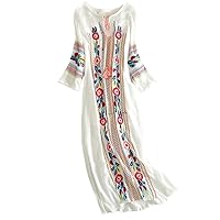 Ladies Cotton Linen Embroidery Beach Dresses Bohemian Dress for Women Long