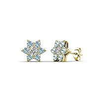 Natural Diamond & Aquamarine Women Flower Earrings 0.44 ctw 14K Gold