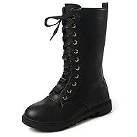 DADAWEN Kid's Girls Leather Lace-Up Zipper Mid Calf Combat Riding Winter Boots (Toddler/Little Kid/Big Kid)