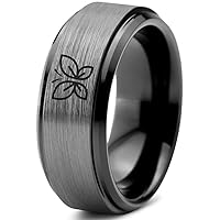 Butterfly Flying Insect Flower Ring - Tungsten Band 8mm - Men - Women - 18k Rose Gold Step Bevel Edge - Yellow - Grey - Blue - Black - Brushed - Polished - Wedding - Gift Dome Flat Cut