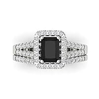 1.7 ct Emerald Cut Halo Solitaire Genuine Natural Black Onyx Designer Art Deco Statement Wedding Ring Band Set 18K White Gold