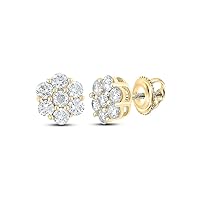 10kt Yellow Gold Mens Round Diamond Flower Cluster Earrings 1 Cttw