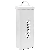 AuldHome Farmhouse Enamelware Straw Holder (White); Rustic Metal Straw Storage Canister