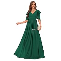 HUUTOE Flowly Chiffon Bridesmaid Dresses with Sleeves V Neck Pleated Empire Waist Long Formal Wedding Guest Dresses for Women