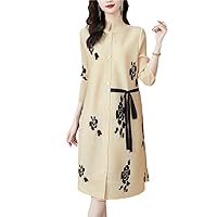 Women Floral Print Pleated Dress Spring Summer Single-Breasted Loose Casual Lace-Up A-Line Dress Ladies Clothing