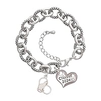 Cat Silhouette Heart - Class of 2024 Heart Charm Link Bracelet, 7.25+1.25
