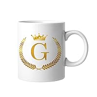 Christmas Funny White Ceramic Coffee Mug 11oz Gold Crown Wreath Monogram Letter Initial G Coffee Cup Humorous Tea Milk Juice Mug Novelty Gifts for Xmas Colleagues Girl Boy