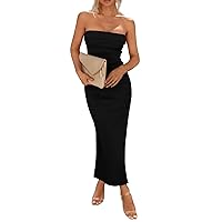 Women's Prom Dresses 2024 Bodycon Maxi Tube Dress Ribbed Strapless Side Slit Long Going Out Casual Dresses, S-2XL