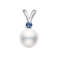 14k White Gold AAAA Quality Japanese Akoya Cultured Pearl Blue Sapphire Pendant - PremiumPearl