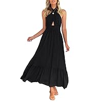 ZESICA Women's 2024 Summer Crossover Halter Neck Sleeveless Plaid Cut Out Backless Flowy A Line Maxi Dress