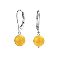Simple Basic Gemstone Round 8MM Bead Ball Drop Dangle Earrings For Women Teen Secure Hinge Lever back .925 Sterling Silver Birthstones More Colors
