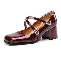 Mary Jane Shoes Women Closed Square Toe Chunky Heels with Cross-Ankle Strap for Women Comfortable Wedding Dress Pumps