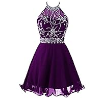 VeraQueen Women's Short Beaded Prom Dresses Round Neck Backless Homecoming Dress Purple