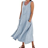 Womens Linen Dresses Casual Sleeveless Plus Size Sundress Scoop Neck Tank Top Dress Beach Maxi Dress with Pockets