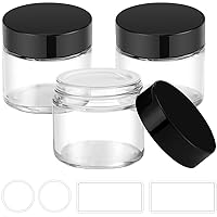 2 oz Glass Jars with Lids, Bumobum 3 pack Clear Small Jar with Black Lids, Blank Labels & Inner Liners, 60 ml Empty Round Cosmetic Containers for Sample, Powder, Cream, Lotion, Spice