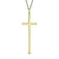Bling Jewelry Modern Elongated Simple Basic Long Flat Thin Delicate Religious Latin Cross Pendant Necklace For Women Teen Rose Gold Plated .925 Sterling Silver